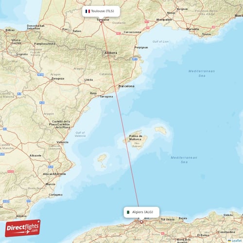Algiers - Toulouse direct flight map