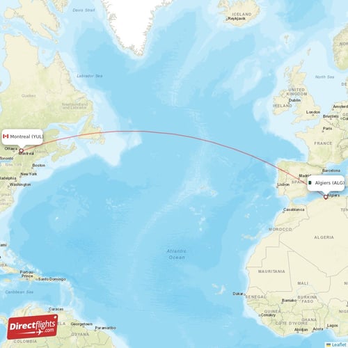 Algiers - Montreal direct flight map