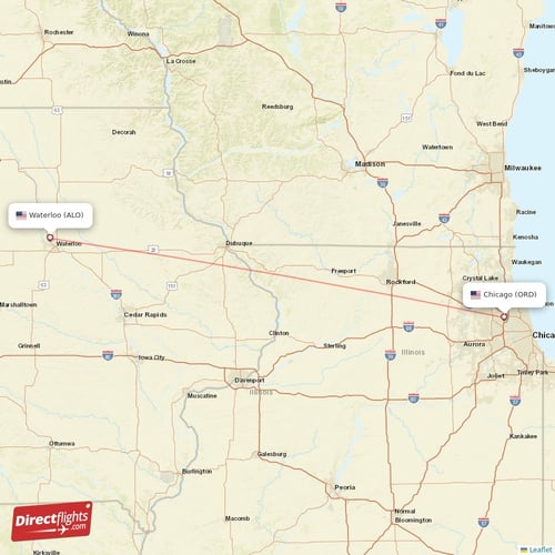 Waterloo - Chicago direct flight map