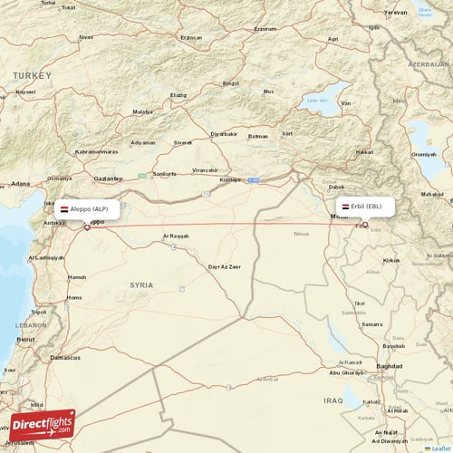 Aleppo - Erbil direct flight map