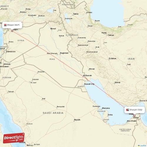 Aleppo - Sharjah direct flight map