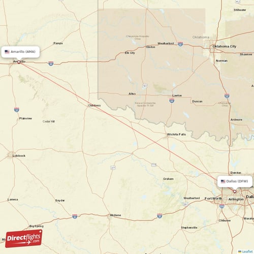 Amarillo - Dallas direct flight map