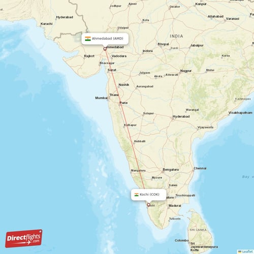 Ahmedabad - Kochi direct flight map