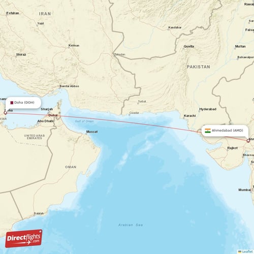 Ahmedabad - Doha direct flight map