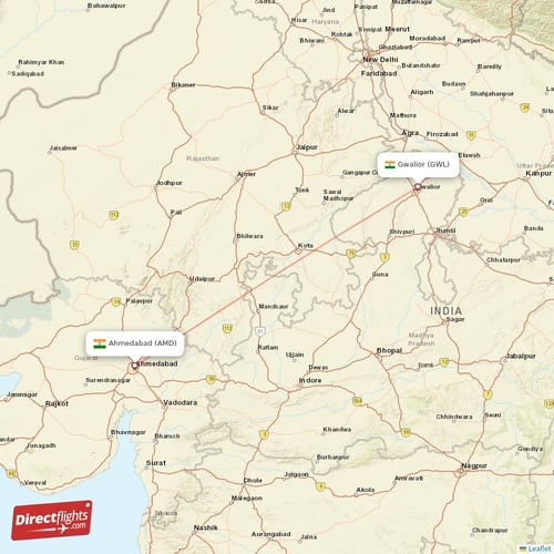 Ahmedabad - Gwalior direct flight map