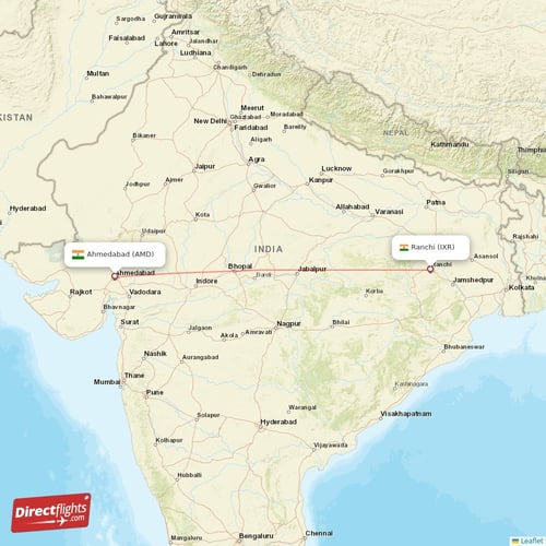 Ahmedabad - Ranchi direct flight map