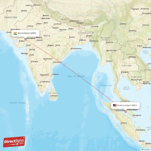 Ahmedabad - Kuala Lumpur direct flight map