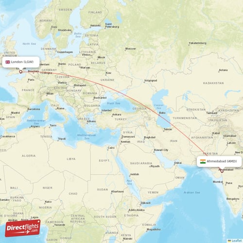 Ahmedabad - London direct flight map