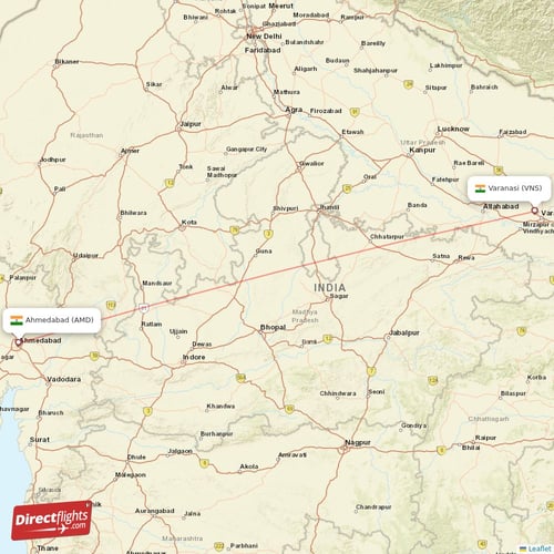 Ahmedabad - Varanasi direct flight map