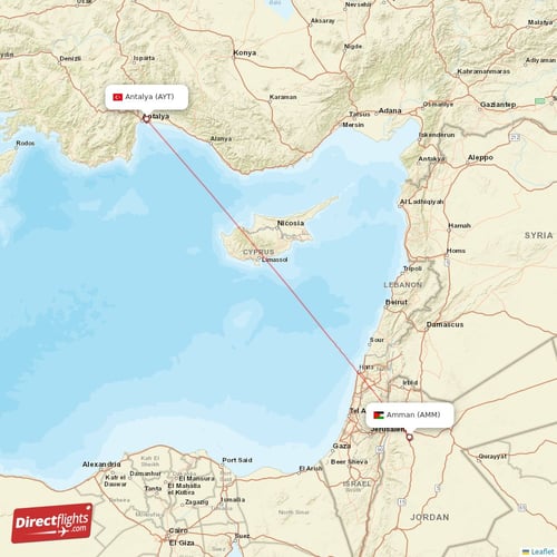Amman - Antalya direct flight map