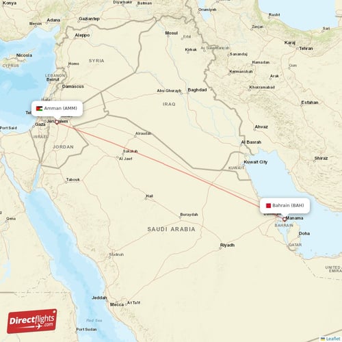 Amman - Bahrain direct flight map