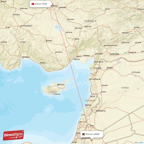 Amman - Ankara direct flight map