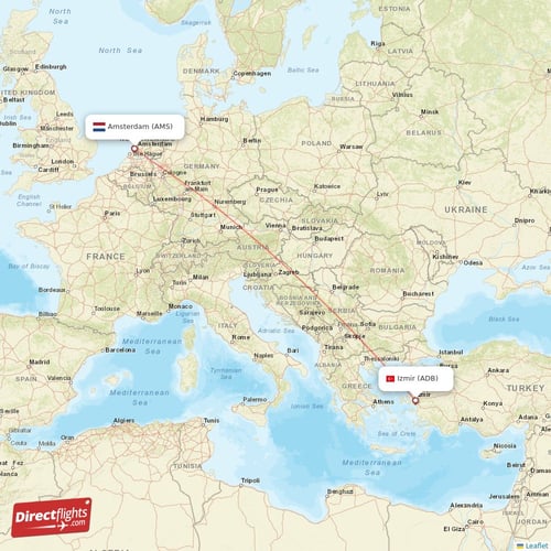 Amsterdam - Izmir direct flight map