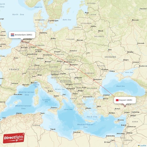Amsterdam - Kayseri direct flight map