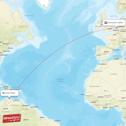 Amsterdam - Aruba direct flight map