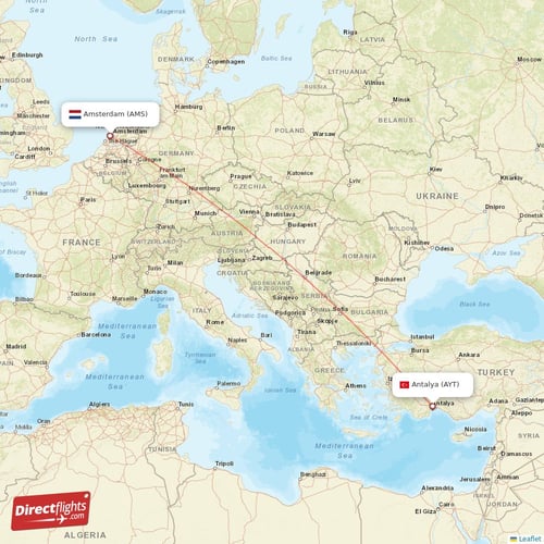 Amsterdam - Antalya direct flight map
