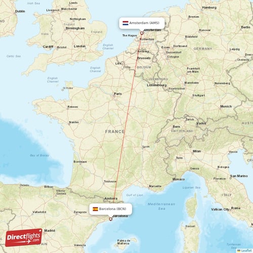 Amsterdam - Barcelona direct flight map