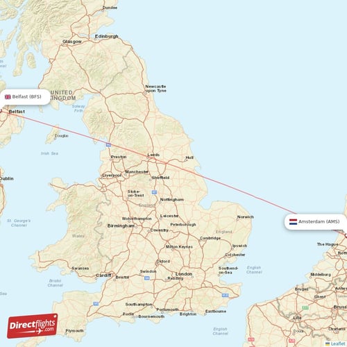 Amsterdam - Belfast direct flight map