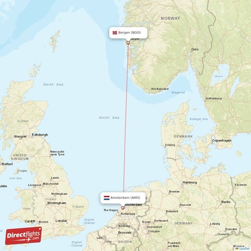 Amsterdam - Bergen direct flight map