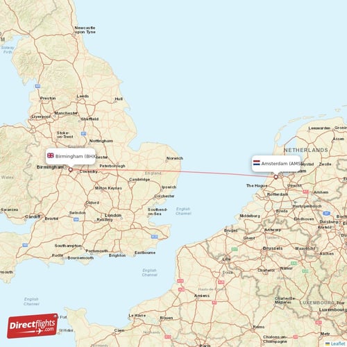 Amsterdam - Birmingham direct flight map