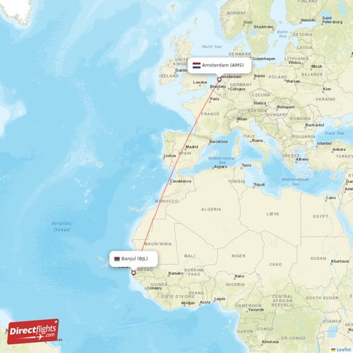 Amsterdam - Banjul direct flight map
