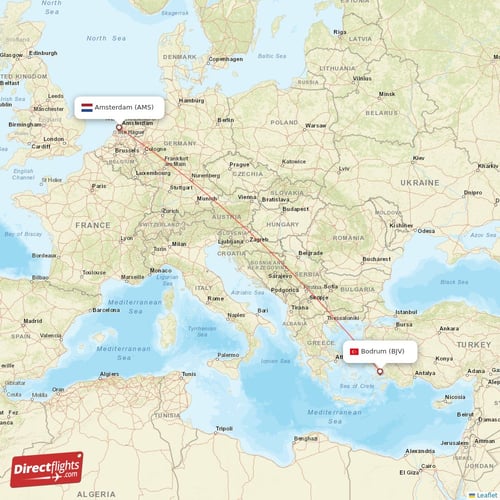 Amsterdam - Bodrum direct flight map