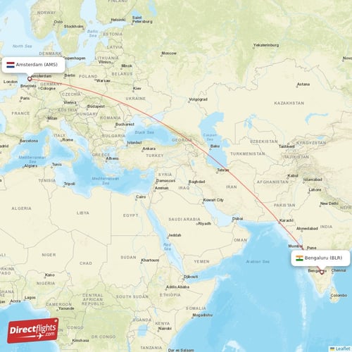 Amsterdam - Bengaluru direct flight map
