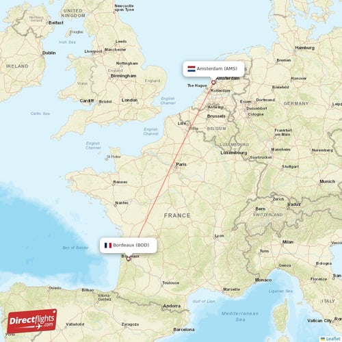 Amsterdam - Bordeaux direct flight map