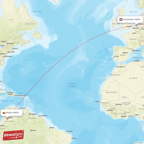 Amsterdam - Bogota direct flight map