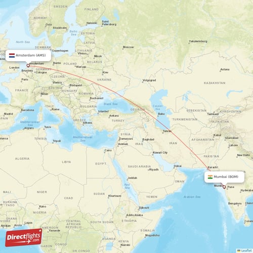 Amsterdam - Mumbai direct flight map