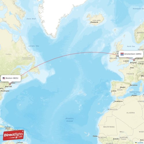 Amsterdam - Boston direct flight map