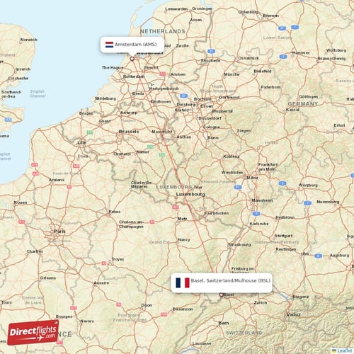 Amsterdam - Basel, Switzerland/Mulhouse direct flight map