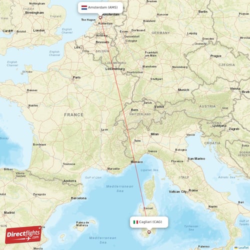 Amsterdam - Cagliari direct flight map
