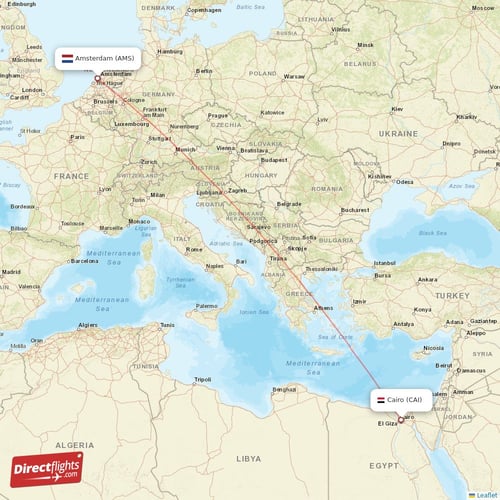 Amsterdam - Cairo direct flight map