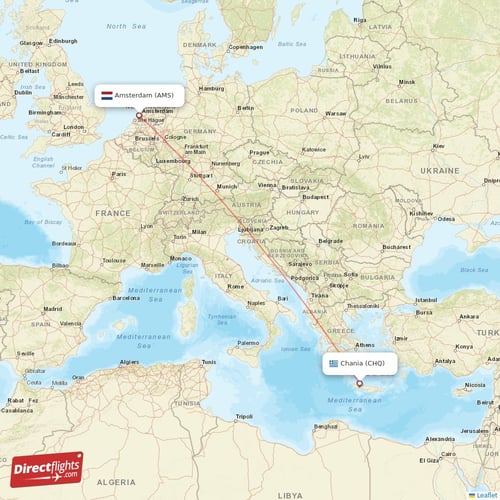 Amsterdam - Chania direct flight map