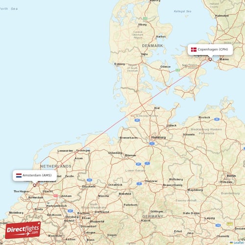 Amsterdam - Copenhagen direct flight map