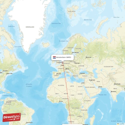 Amsterdam - Cape Town direct flight map