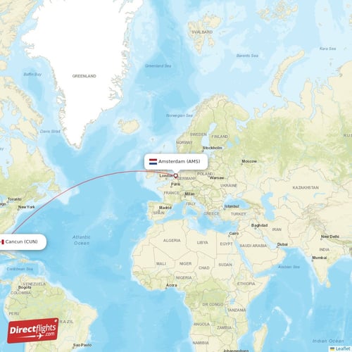 Amsterdam - Cancun direct flight map