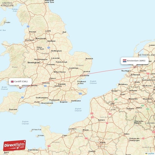 Amsterdam - Cardiff direct flight map