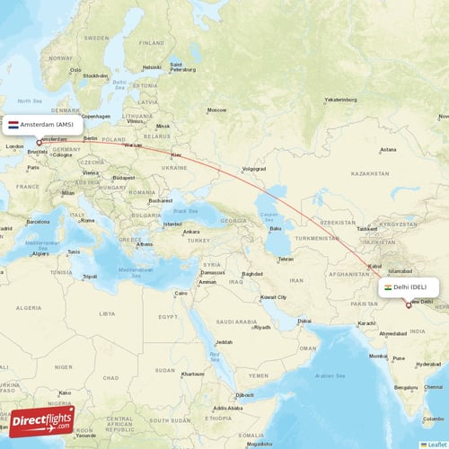 Amsterdam - Delhi direct flight map