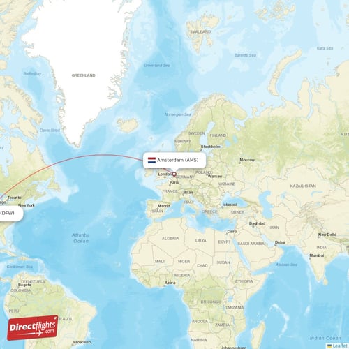 Amsterdam - Dallas direct flight map