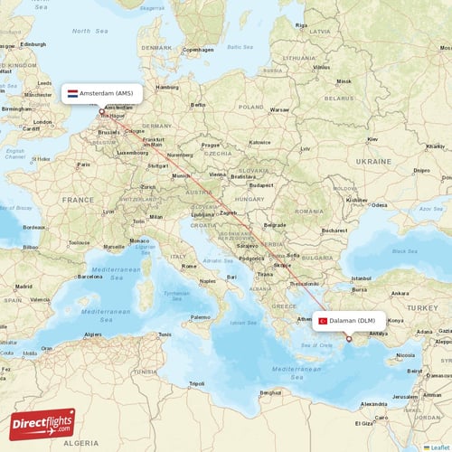 Amsterdam - Dalaman direct flight map