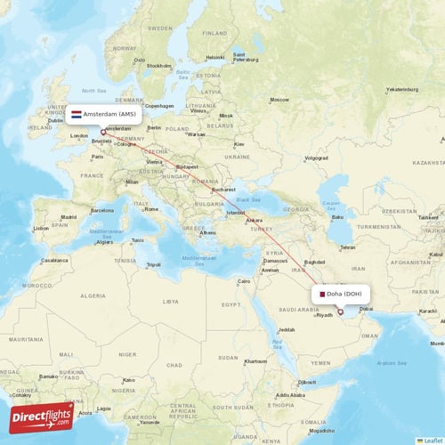 Amsterdam - Doha direct flight map