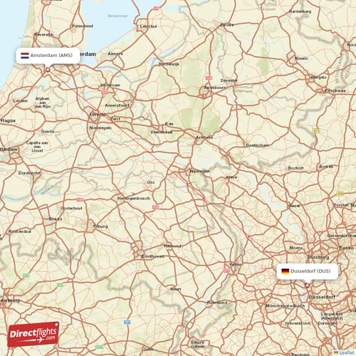 Amsterdam - Dusseldorf direct flight map