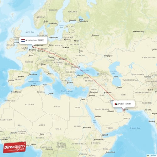 Amsterdam - Dubai direct flight map