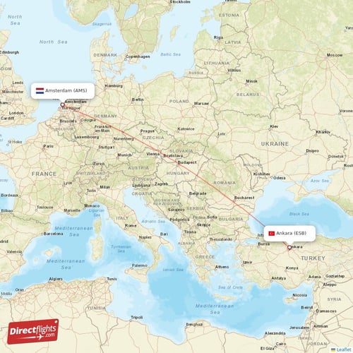 Amsterdam - Ankara direct flight map