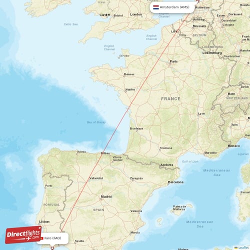 Amsterdam - Faro direct flight map
