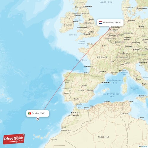 Amsterdam - Funchal direct flight map