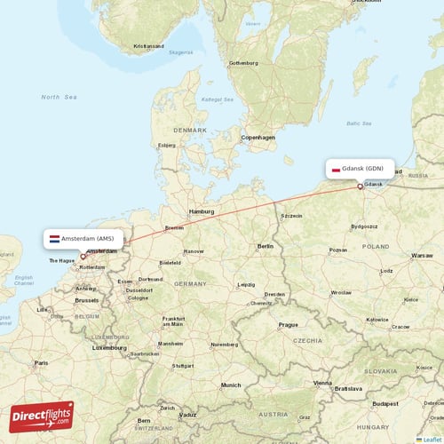 Amsterdam - Gdansk direct flight map