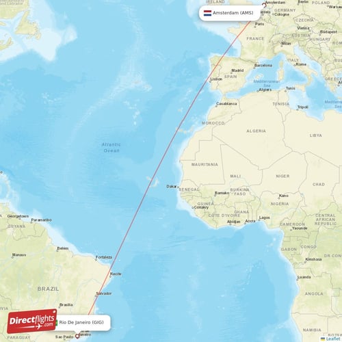 Amsterdam - Rio De Janeiro direct flight map